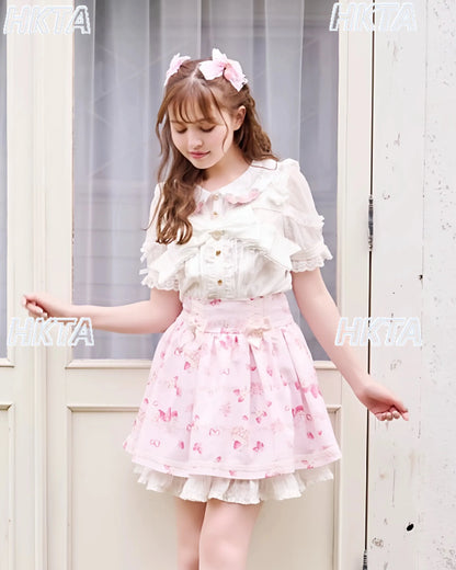 Japanese Mass Produced New Sweet Doll Collar Lolita Strawberry White Shirt Female 2026 Spring Pleated Lace Bow Blouses Top Women