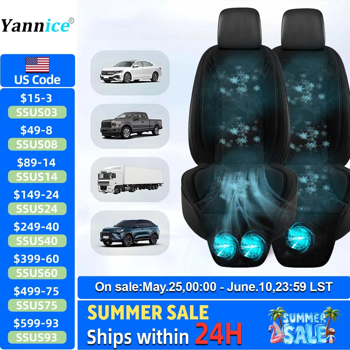 USB Summer Cooling Car Seat Cushion With Fan Front Seat Cooled Seat Cover Black Ventilated Breathable Seat Cover 3-Speed Setting