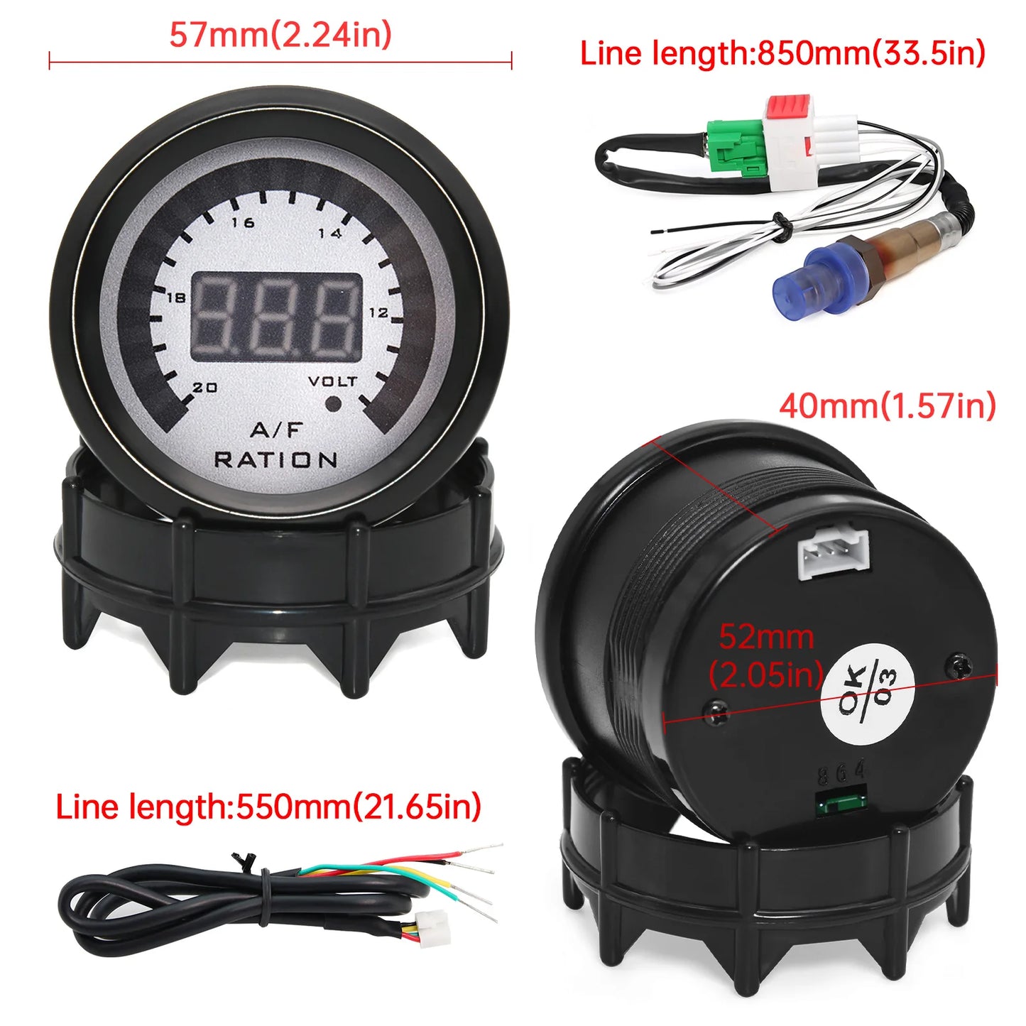 2'' 52mm Air Fuel Ratio Gauge 2 In 1 Voltmeter AFR Car Gauge Can Be Paired With Narrowband O2 Oxygen Sensor Fit for 12V Vehicle