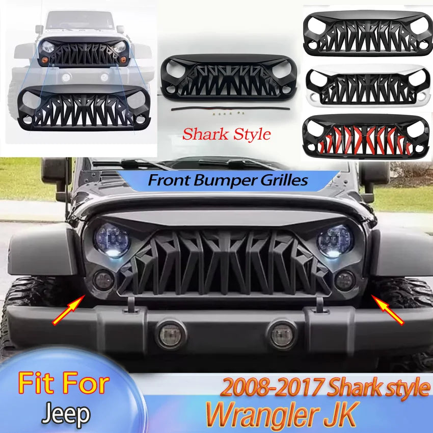 Shark Style for Jeep Wrangler JK 2008-2017 4x4 Front Bumper Grilles Offroad Racing Grills Air Vent Cover Trim Body Kit Auto Part