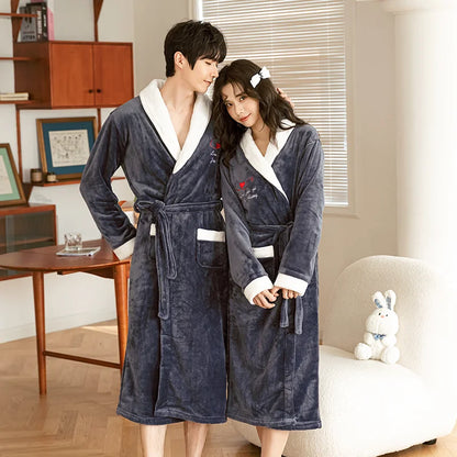 Thickened Coral Fleece Robe Long Home Wear for Men And Women Winter Warm Sleepwear Couple Matching Pajamas Velvet Fabric