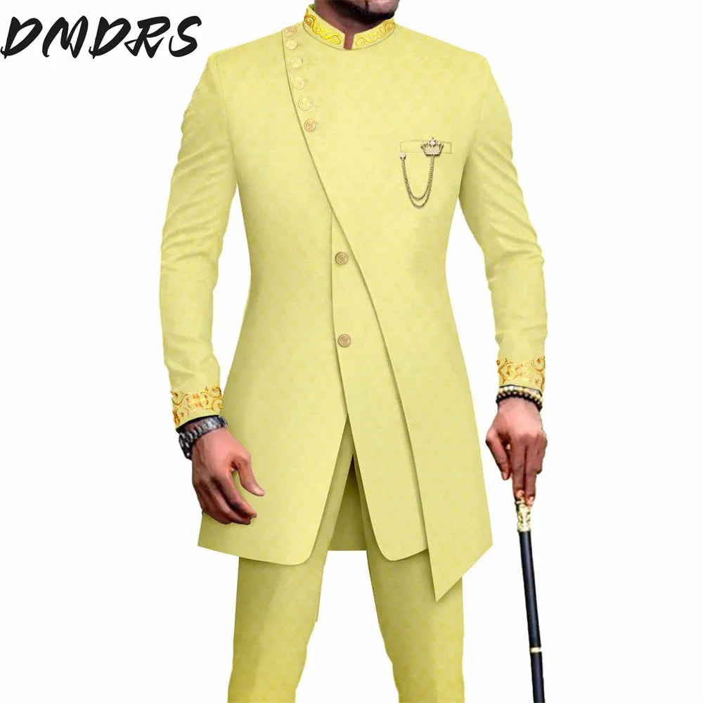Elegant African National Printing Batik Men's Casual 2PCS Suit For Wedding Dinner Event Suit terno masculinos complete costume