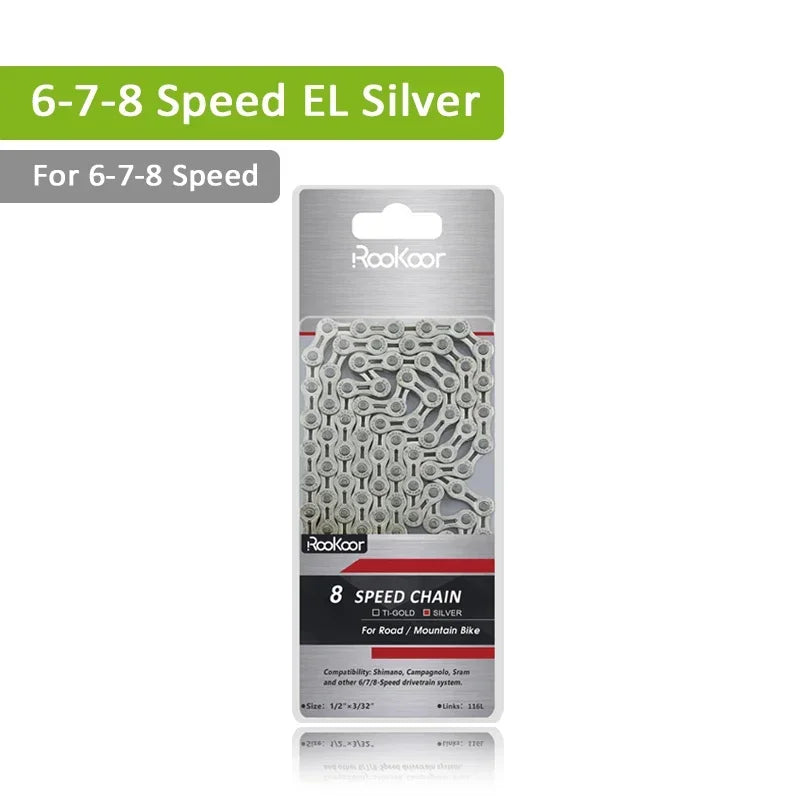 Rookoor Bicycle Chain 6 7 8 9 10 11 Speed Velocidade Titanium Plated TI Gold Silver Mountain Road Bike MTB Chains Part 116 Links