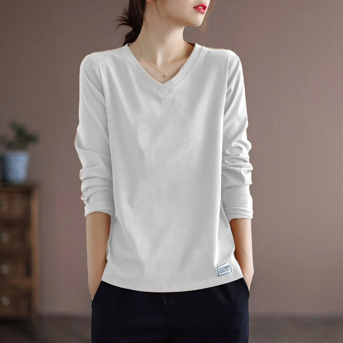 Pure Cotton Long Sleeve Women's T-shirt Autumn Season Versatile Base Layer Top Commute Style Loose Fit Regular Thickness