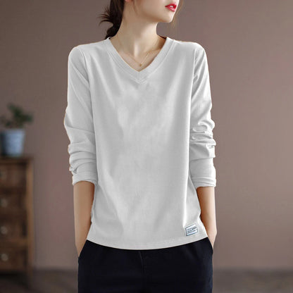 Pure Cotton Long Sleeve Women's T-shirt Autumn Season Versatile Base Layer Top Commute Style Loose Fit Regular Thickness