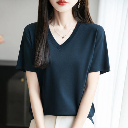 2026 Summer New Pure Cotton V-neck Short-sleeved T-shirt Women's Solid Color Joker Pullover Shirt with Loose Sleeve Bottom Shirt