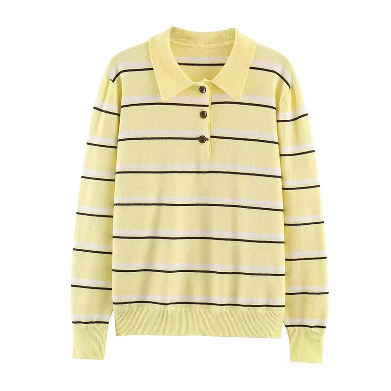 Autumn Winter Polo Collar Long Sleeve Striped Knitted Pullover Tops Women Buttons Decoration Sweater Female Casual Fashion Wear