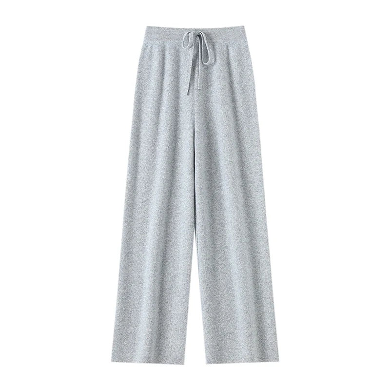Chic Wide-Leg Pants Women's Autumn Winter Solid Color 100% Merino Wool Knitted Casual Loose Soft Thick Warm Popular Trousers