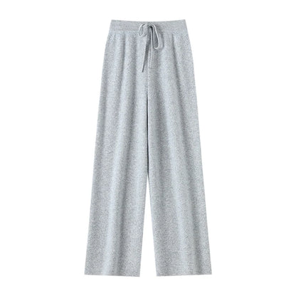 Chic Wide-Leg Pants Women's Autumn Winter Solid Color 100% Merino Wool Knitted Casual Loose Soft Thick Warm Popular Trousers