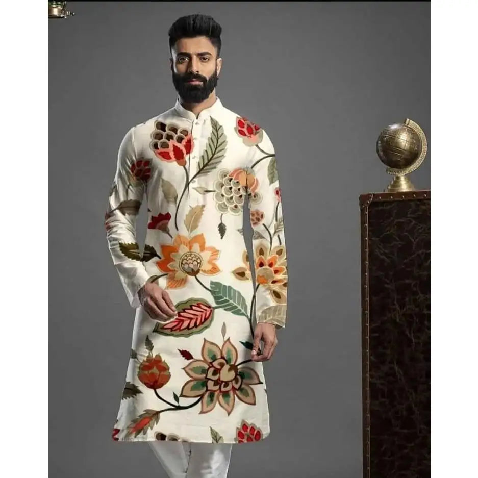 Men Digital Printed Kurta Vardha Regular Fit Mandarin Collar Long Suitable All Occasions Such Wedding Hari Raya Aidilfitri