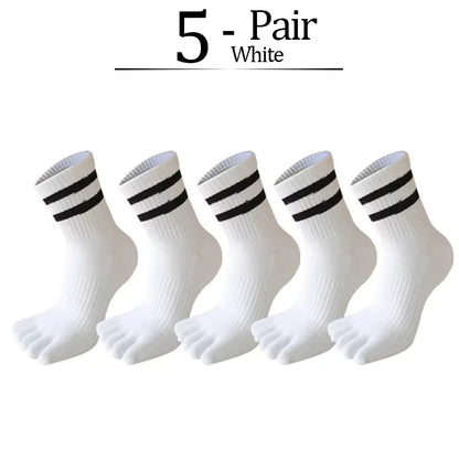 5 Pairs/lot Man Toe Sport Socks Compression Thick Cotton Black White Stripes Elastic 5 Finger Short Socks Outdoor Running Socks