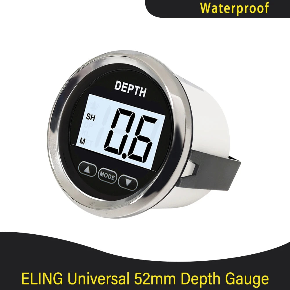 Marine 52mm Digital Depth Gauge Indicator with Transducer and White Backlight for Yachts Fishing Boats Universal 12V
