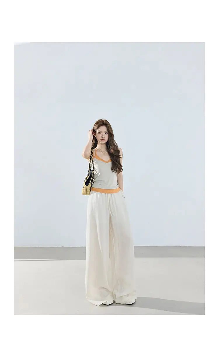 Loose wide-leg pants, classic style, drapey floor-length with drawstring, versatile thin linen straight casual pants for women
