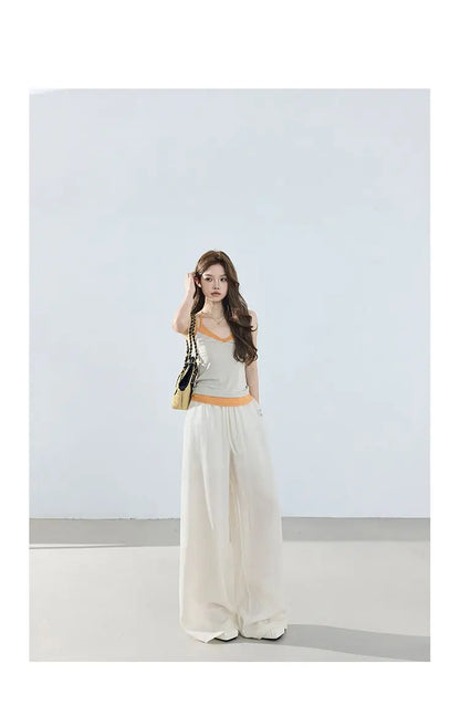 Loose wide-leg pants, classic style, drapey floor-length with drawstring, versatile thin linen straight casual pants for women