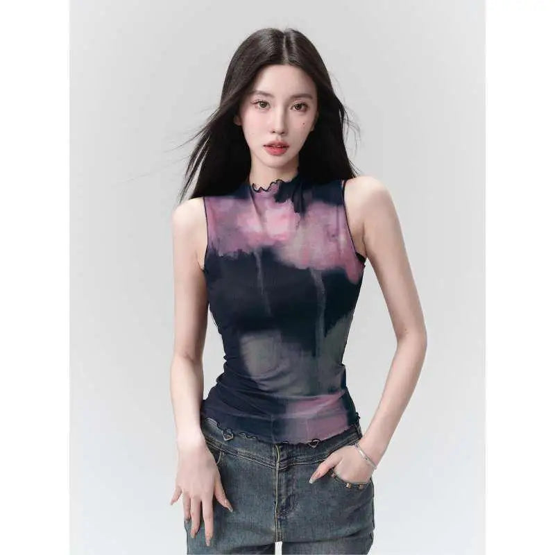 Yedinas Patchwork Tank Tops Summer 2024 Korean Fashion Mesh Tops Streetwear Sleeveless Tshirts Y2k Sheer Grunge Aesthetics