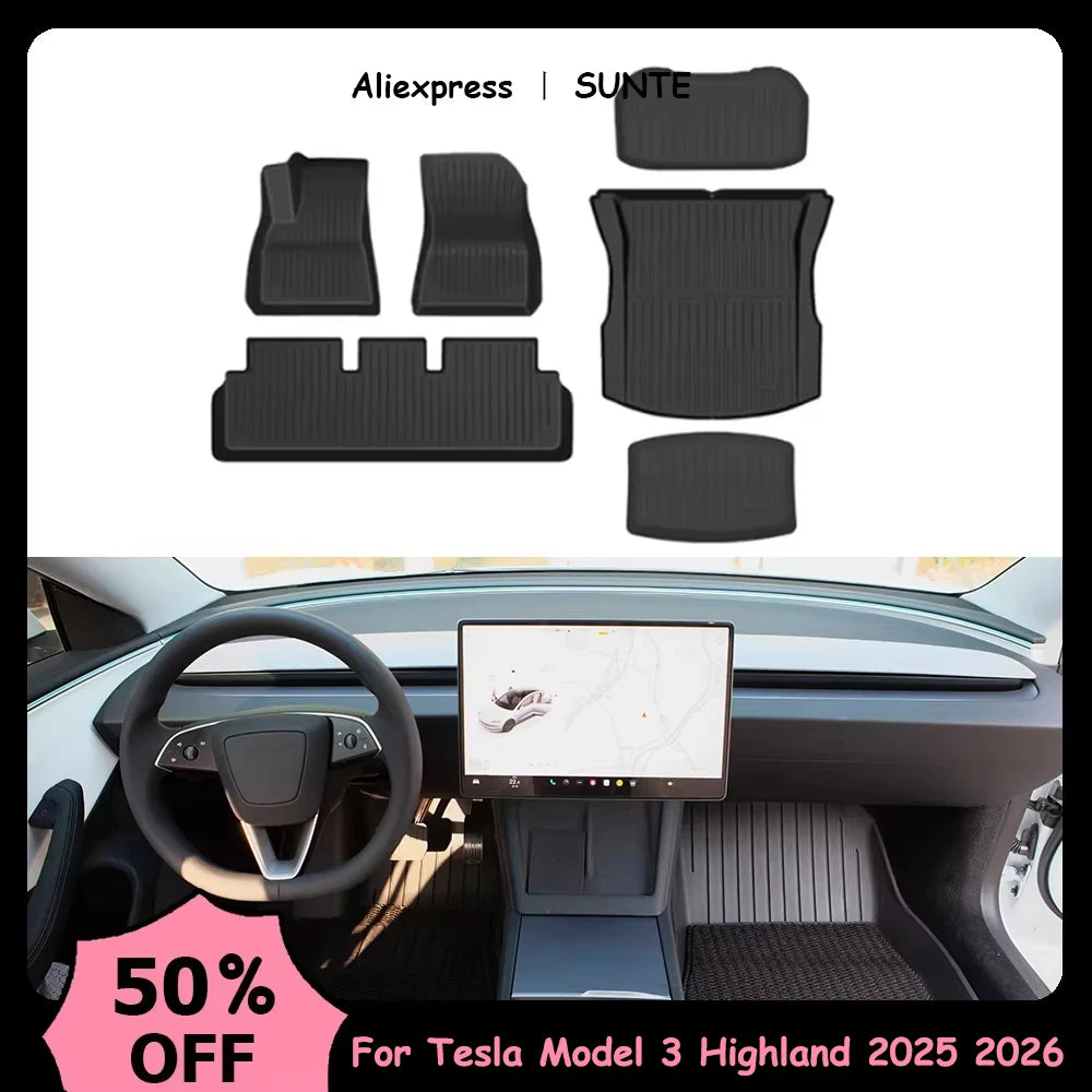 Floor Mats Luggage Mat for New Tesla Model 3 Highland 2025 2026 TPE Waterproof Wear-resistant Foot Pads Trunk Mats Accessories
