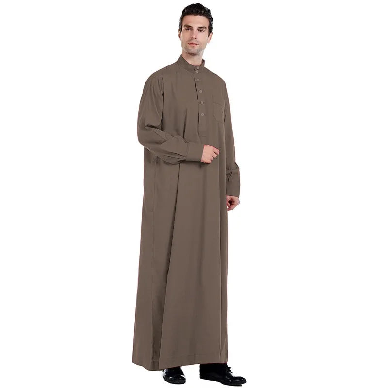 Qatar Stand Collar Mens Thobe Robe Polyester Pocket Design Arab Middle East Dubai Travel Clothing Lightweight Cultural Look
