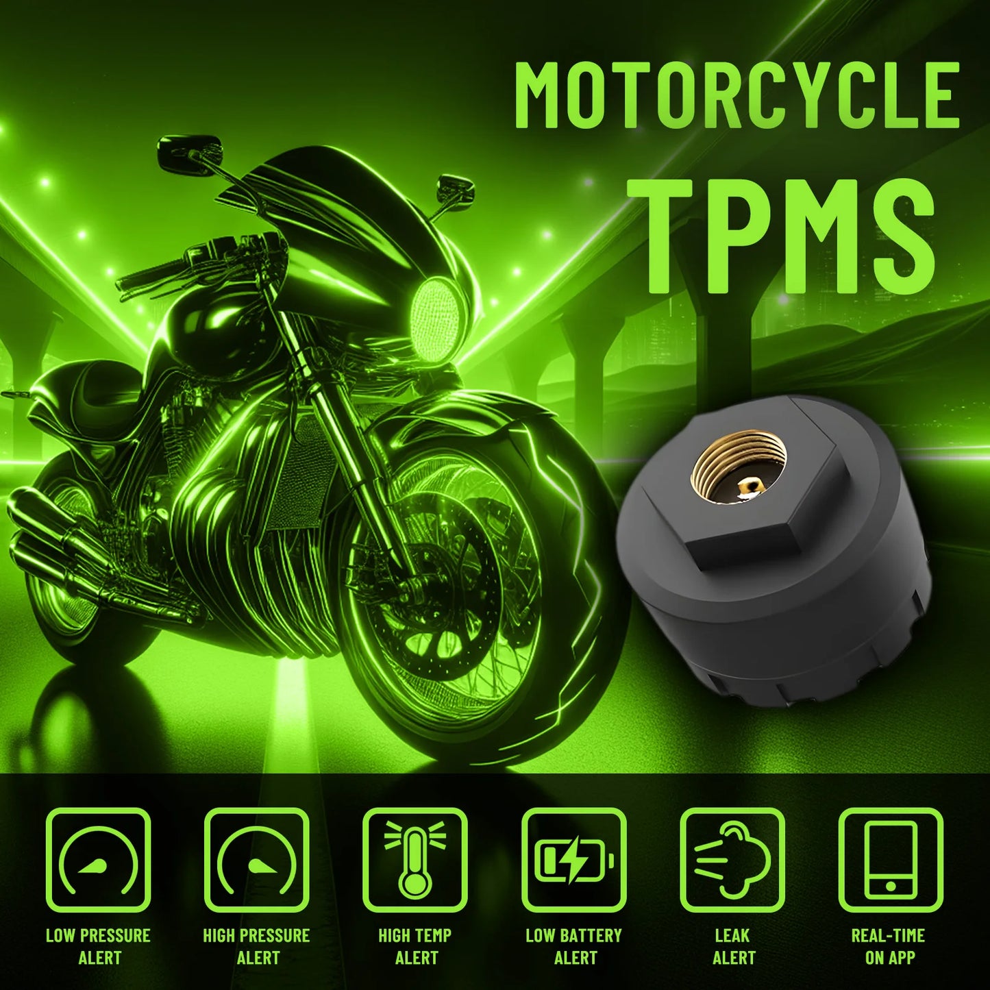 Motorcycle TPMS, Bluetooth 5.0 APP Real-Time Pressure & Temperature Alarm, IP67 Waterproof for Motorbike Scooter ATV