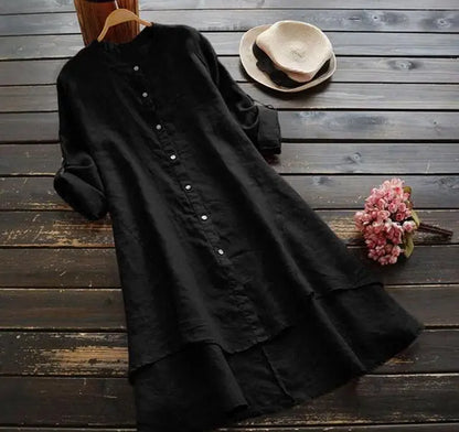 Women's Long Cotton Linen irt Blouse Top Pure Color Stand Collar Button Sve Polyester Fiber Mid-Length Gored Hem