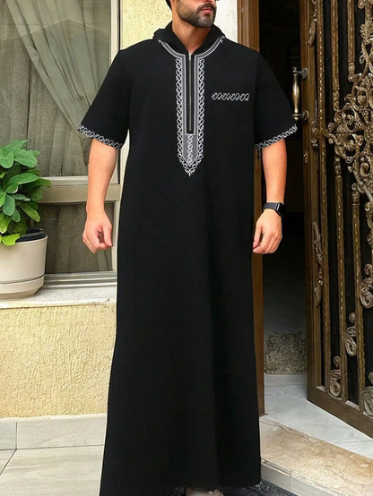 2025Moroccan Men's Thobe Short-Sleeved Embroidered Hood MuslimIslamicLooseJelleba Abaya - New Edition