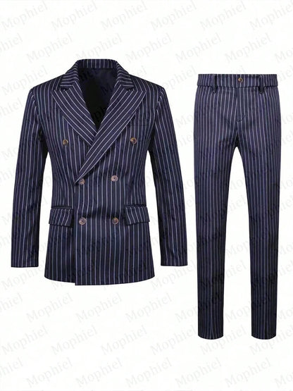 Burgundy Pinstripe Men Suits 3 Pieces Peaked Lapel Double Breasted Slim Fit Groom Suit Tuxedo Office Business Blazer Customized