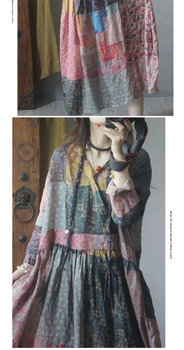Retro Stylish Loose Linen Dress Women's A-Line Long Skirt Summer New Style Slimming Ethnic Style V-Neck Sleeveless Dress