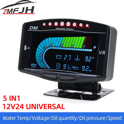 Universal Car LCD Digital Gauge 5 In 1 Tachometer Oil Pressure Sensor Volt Voltmeter Water Temperature Fuel Gauge 12V/24V