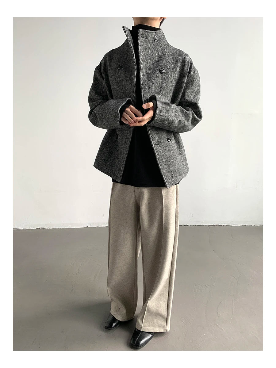 Mauroicardi Autumn Winter Cool Short Warm Herringbone Woolen Jacket MenStand Collar Double Breasted Luxury Designer Clothes 2025