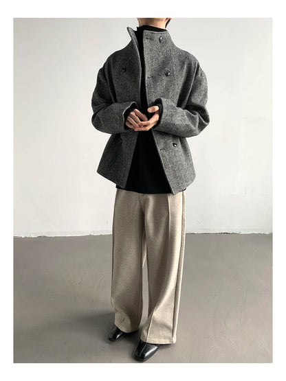 Mauroicardi Autumn Winter Cool Short Warm Herringbone Woolen Jacket MenStand Collar Double Breasted Luxury Designer Clothes 2025