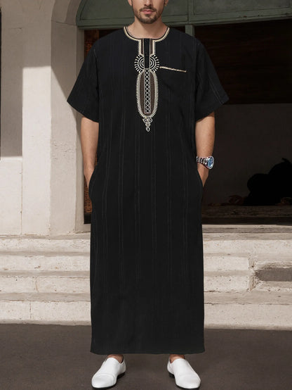 Ethnic Clothing Outfit Mens Plain Black Muslim Embroidered Robe Long Shirt Casual Youth Traditional Daily Fashion