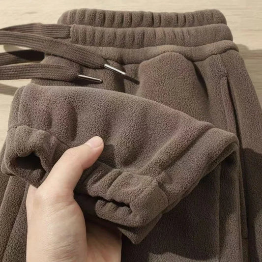 Double-Sided Fleece Thickened Men's Long Pants Autumn Winter Warm Pure Color Casual Trousers with Pocket Loose Fit Youth Style