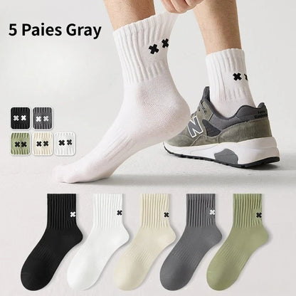 1/5 Pairs Men's Spring Autumn Mid Tube Socks Pure Cotton Antibacterial Odor Proof Sports Plus Size Crew Socks