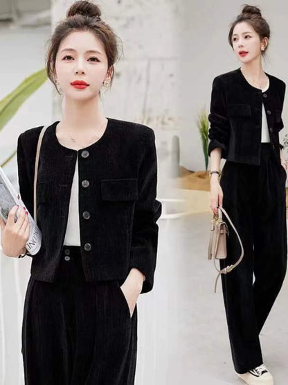 Fashionable Corduroy Set Women's Autumn Winter New Style Elegant Lady Fragrance Wind Coat Wide Leg Pants Two Piece Suit