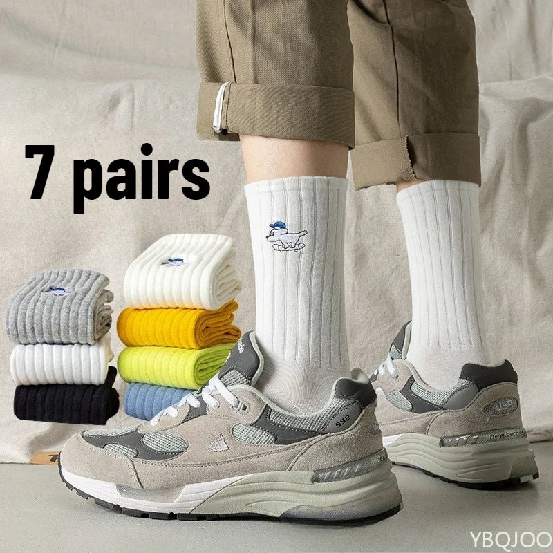 7 Pairs Spring and Autumn New Cotton Odor Proof Breathable Sweat Absorbing Mid Tube Men's Socks Trendy Personalized Men's Socks