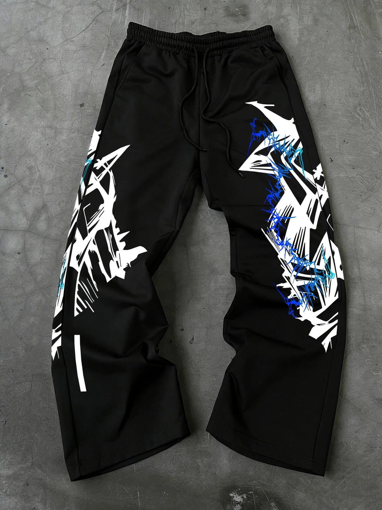 Y2K Abstract Blue Graffiti Geometric Print Mens Baggy Wide Leg Sweat Pants Loose Straight Drawstring Hip Hop Street Joggers