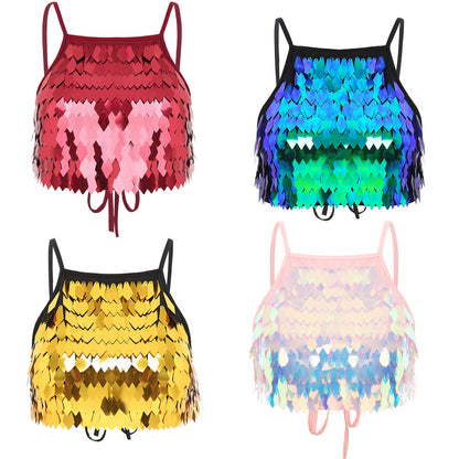Shiny Sequin Tassel Bra Top Sexy Mini Lace-up Tank Top Camisole for Women Dancing Nightclub Crop Top Vests Bralettle Clubwear