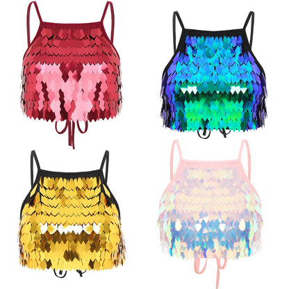 Shiny Sequin Tassel Bra Top Sexy Mini Lace-up Tank Top Camisole for Women Dancing Nightclub Crop Top Vests Bralettle Clubwear