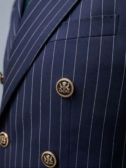 Men's Navy Blue Striped Double Breasted Blazer, Peaked Lapel Slim Fit Single Suit Jacket, Business Office Formal Wear