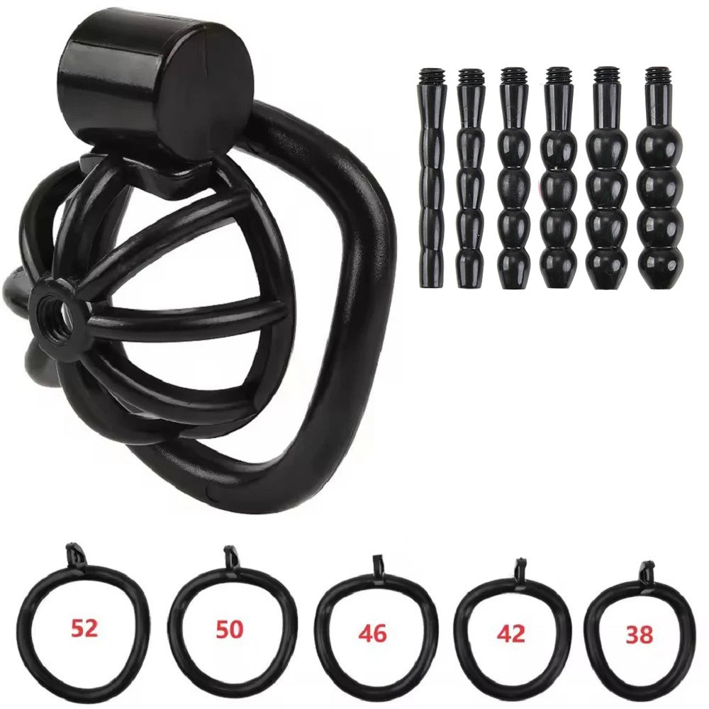 New 2026 Male Penis Chastity Cage Set Small Chastity Cage 5 Cock Rings With Urethral Sound Plug Penis Bondage Man Sex Toy