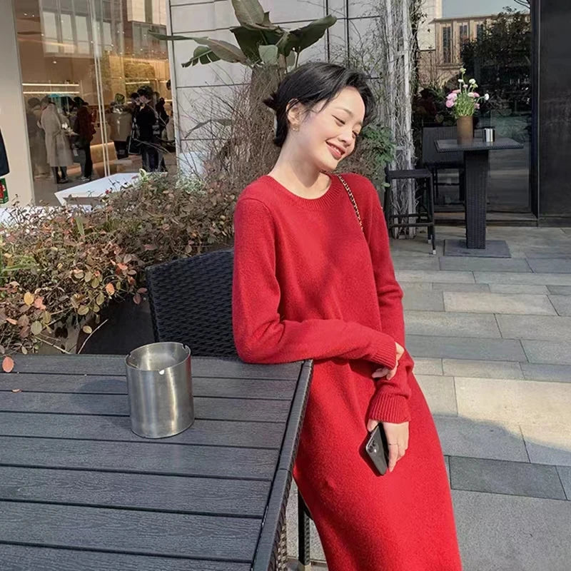 Women's Pure Cashmere Knit Dress Simple round Neck Knee-High Coat Long Sweater Skirt Autumn Winter Fashion New Arrival