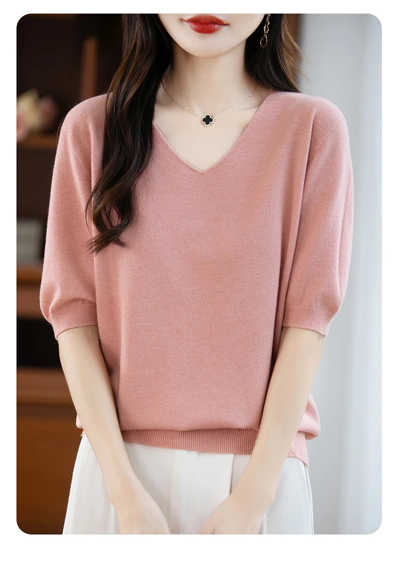 Thin Worsted Wool Short-Sleeved Women's Loose Round Neck T-shirt Printed Summer Fashion Knitted Bottoming Shirt Half-Sleeved
