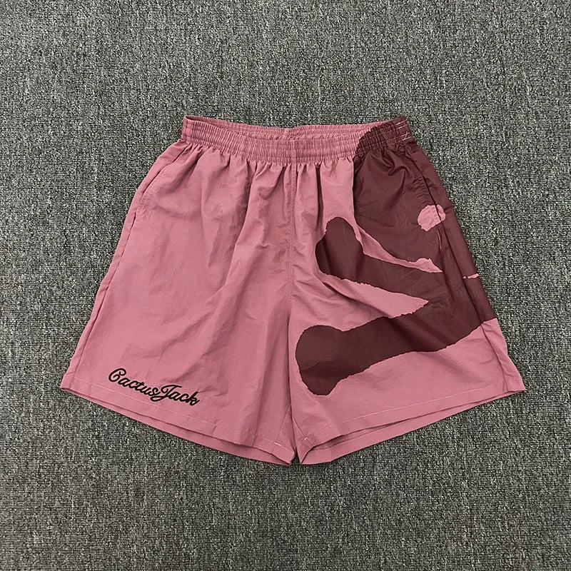 Summer Vintage Street Cactus Jack Shorts Lightning Eagle Print Embroidered Logo Mesh Nylon Elastic Waist Casual Shorts Men Pants