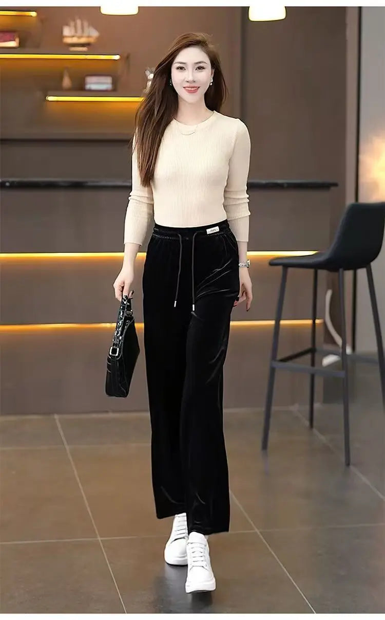 Fashionable Gold Velvet Wide Leg Pants Women's Winter Loose Slimming High Waist Fleece Casual Straight Long Trousers