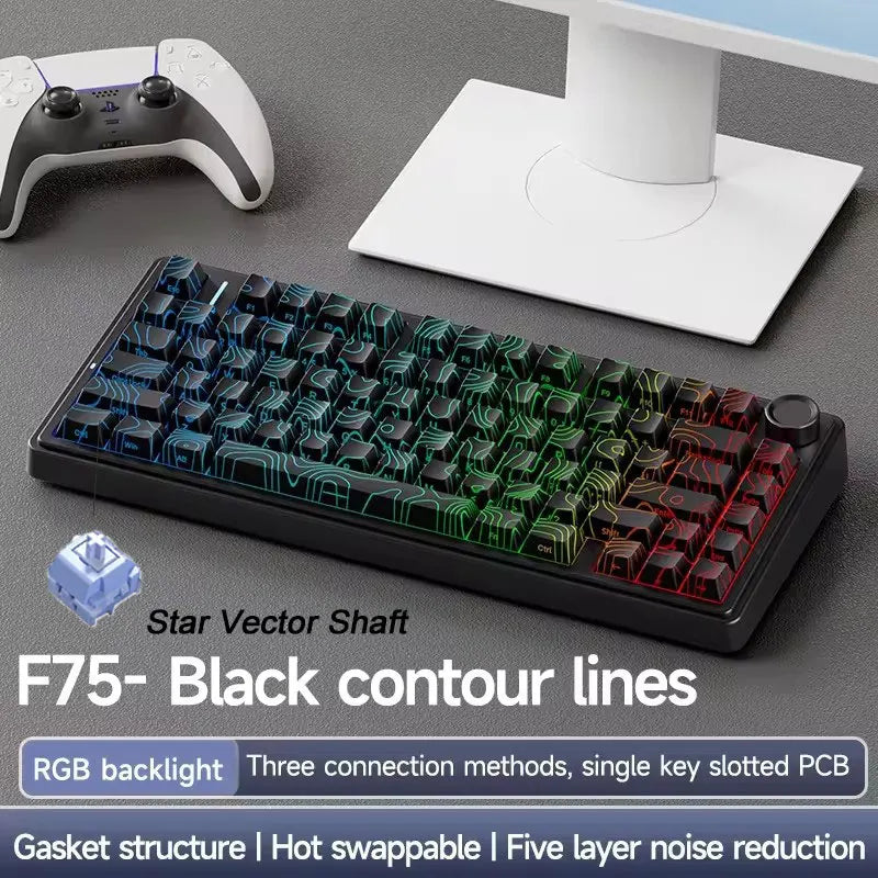 AULA Mechanical Keyboard F75 Three Modes Gaming Mechanical Keyboard Multi-function Knob Can Switch Between Game/Office Modes