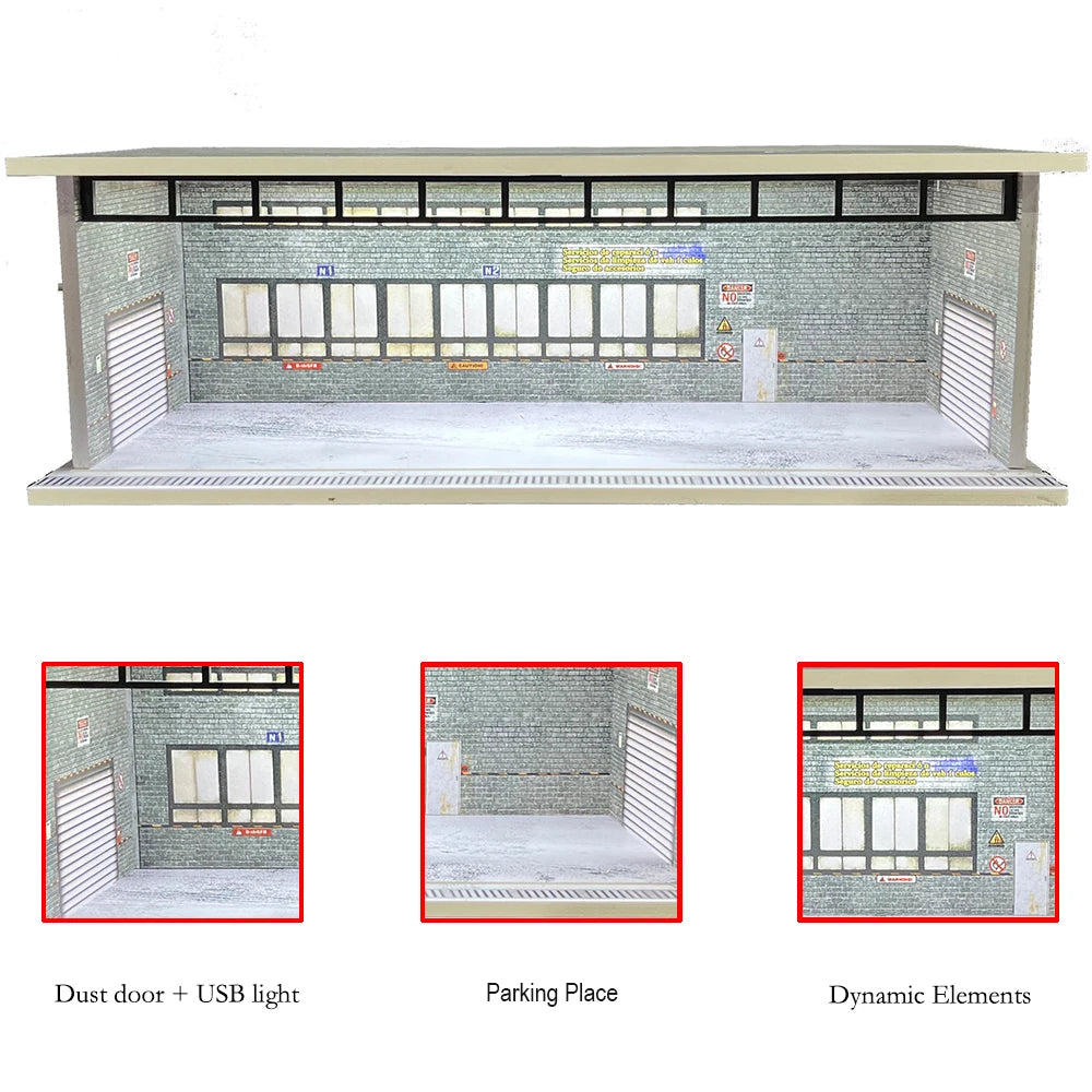 1/64 Scale Diecast Car Garage Diorama Model Miniature Case LED Light Parking Garage Diorama Kit for Collectible Cars Model