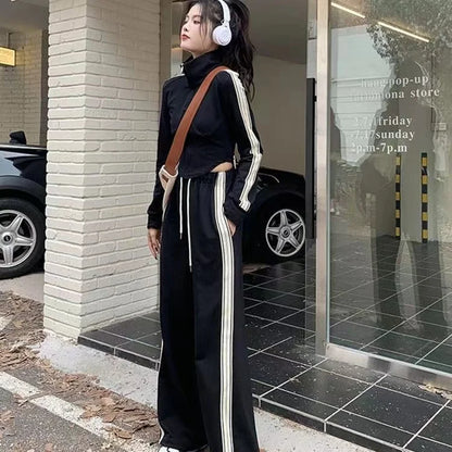 Fashionable Sportswear Set Women's Stand Collar Sweatshirt Slimming Two-Piece Suit Korean Style Commute High Waist Long Pants