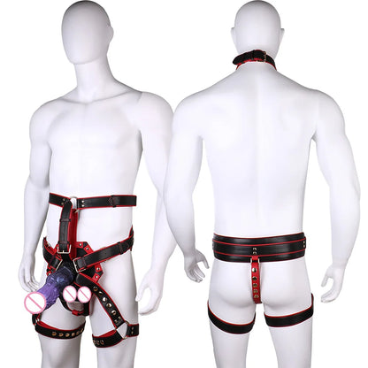 FRKO BDSM Men's Leather Underwear Full Body Harness Men's Thongs and Leather Tops Mens Harnesses Sexy Collar Traction Slave Gay
