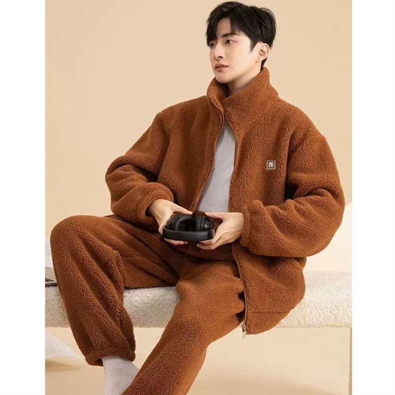 Winter Men's Pajamas Coral Fleece Comfortable Casual Indoor Home Wear Thickened Zipper Thermal Cardigan Pajamas 2 Piece Sets