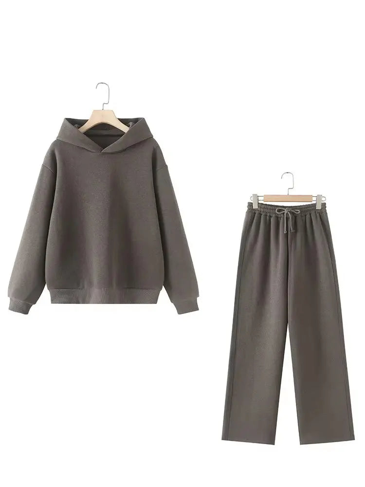 HH Women Solid Casual Sweatshirt Pant Suit Long Sleeve Hooded Fleece Pullover Coat Loose Straight Trousers Office Lady Sets