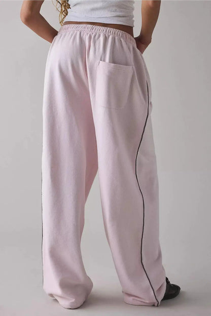 Loose Comfortable Straight Leg Pants Elastic Waist Casual Trousers Mid-Low Waist PVC Fabric Ladies Spring Season Fashion